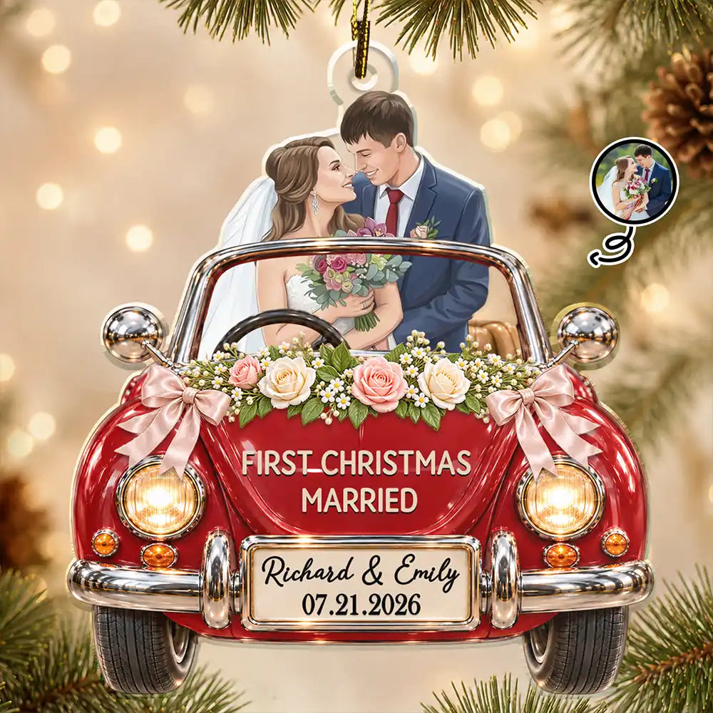 Art Design,Christmas,Custom Photo,First Christmas,Gift For Couples,Married Couple,Photo - Semi Realistic Portrait,Romantic - First Christmas Gift For Newlyweds - Personalized Custom Photo Mr And Mrs Names Just Married Car Acrylic Ornament