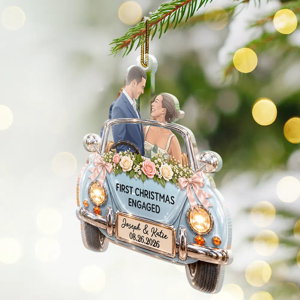 Art Design,Christmas,Custom Photo,First Christmas,Gift For Couples,Married Couple,Photo - Semi Realistic Portrait,Romantic - First Christmas Gift For Newlyweds - Personalized Custom Photo Mr And Mrs Names Just Married Car Acrylic Ornament
