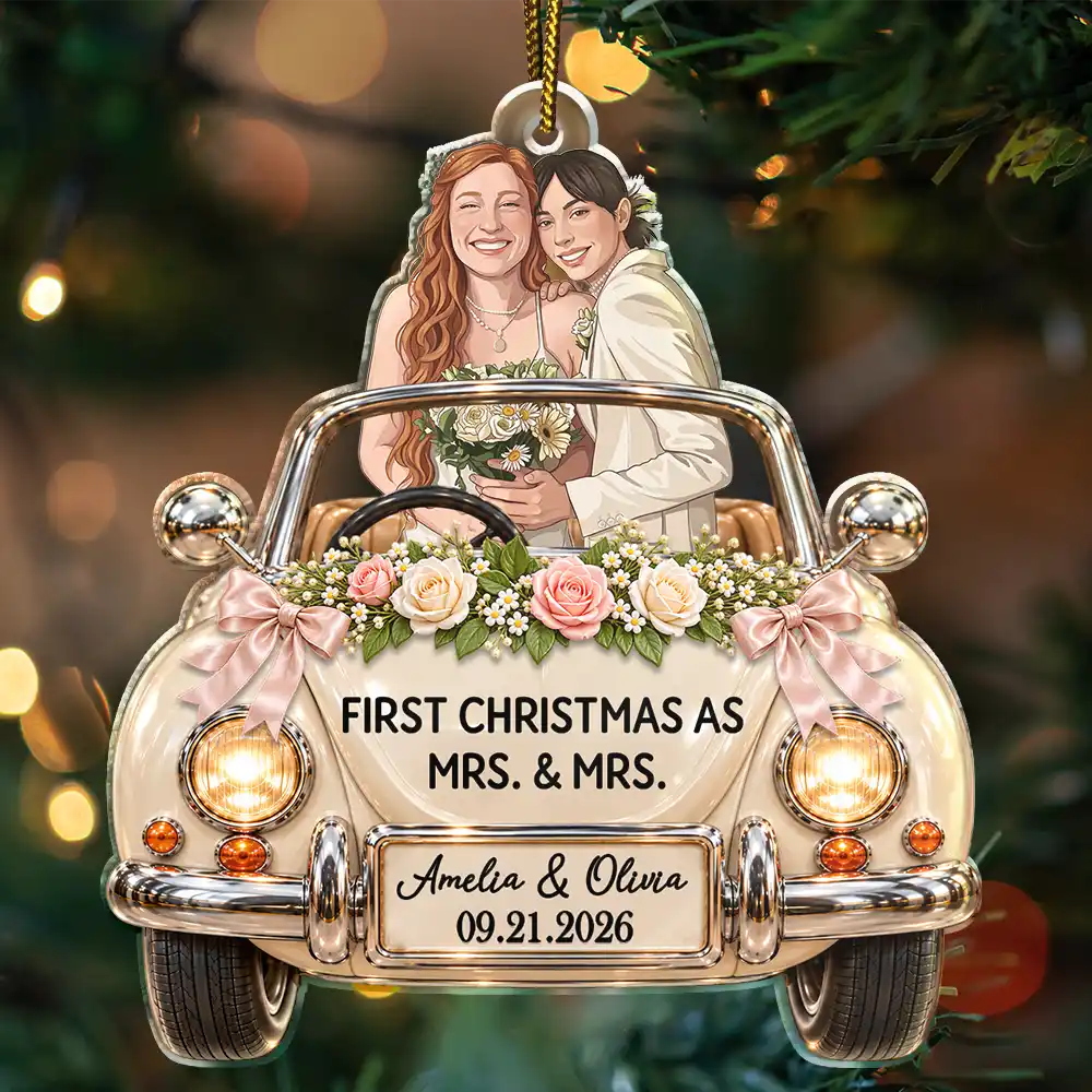 Art Design,Christmas,Custom Photo,First Christmas,Gift For Couples,Married Couple,Photo - Semi Realistic Portrait,Romantic - First Christmas Gift For Newlyweds - Personalized Custom Photo Mr And Mrs Names Just Married Car Acrylic Ornament