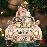 Art Design,Christmas,Custom Photo,First Christmas,Gift For Couples,Married Couple,Photo - Semi Realistic Portrait,Romantic - First Christmas Gift For Newlyweds - Personalized Custom Photo Mr And Mrs Names Just Married Car Acrylic Ornament