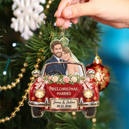 Art Design,Christmas,Custom Photo,First Christmas,Gift For Couples,Married Couple,Photo - Semi Realistic Portrait,Romantic - First Christmas Gift For Newlyweds - Personalized Custom Photo Mr And Mrs Names Just Married Car Acrylic Ornament