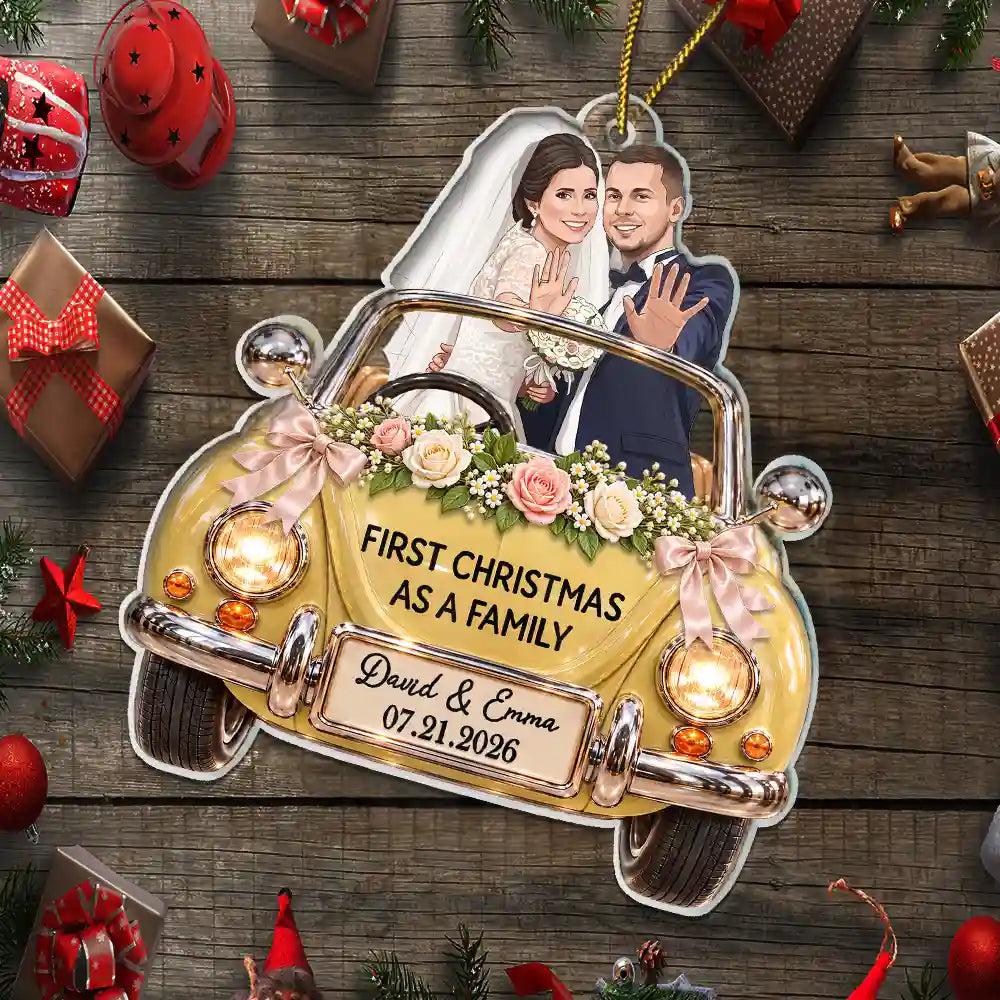 Art Design,Christmas,Custom Photo,First Christmas,Gift For Couples,Married Couple,Photo - Semi Realistic Portrait,Romantic - First Christmas Gift For Newlyweds - Personalized Custom Photo Mr And Mrs Names Just Married Car Acrylic Ornament