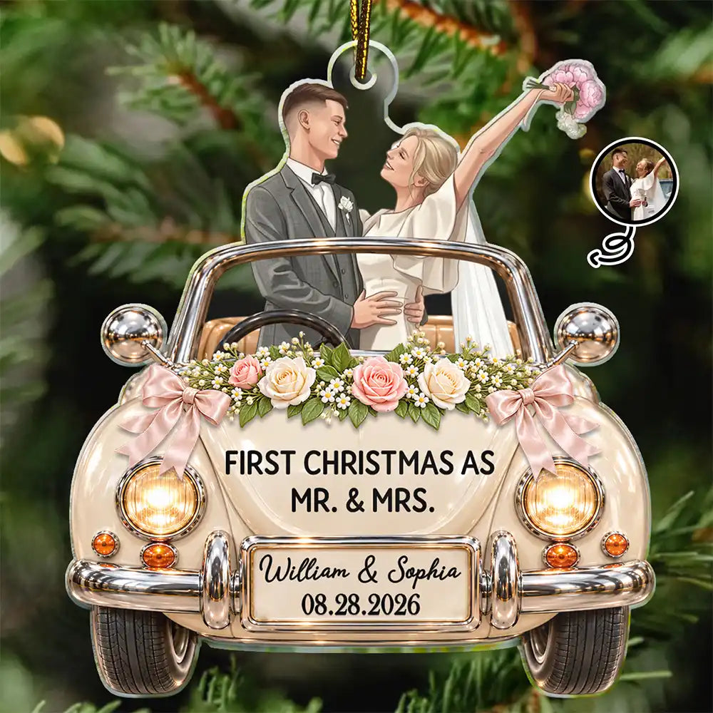 First Christmas Gift For Newlyweds - Personalized Custom Photo Mr And Mrs Names Just Married Car Acrylic Ornament