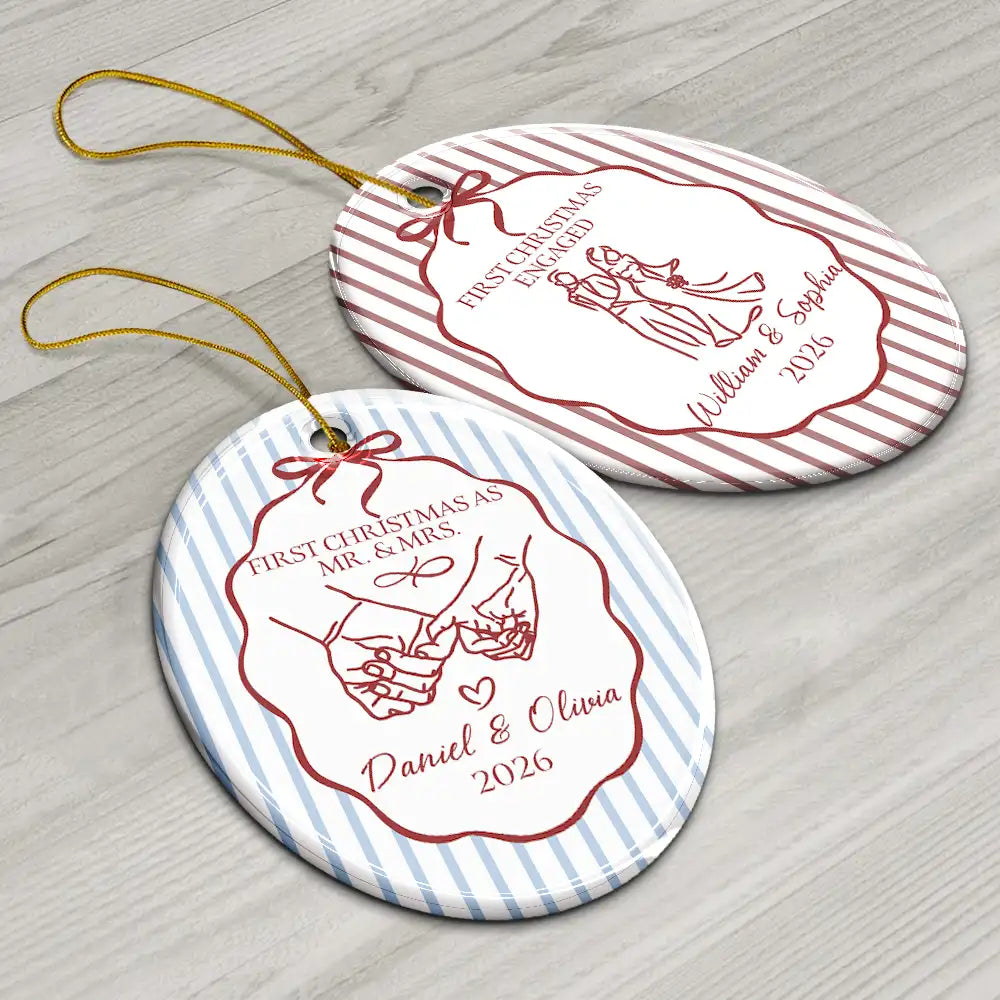 Christmas, Married Couple, Romantic, Gift For Couples, Icon - First Christmas Married Stripes Pattern - Personalized Oval Ceramic Ornament
