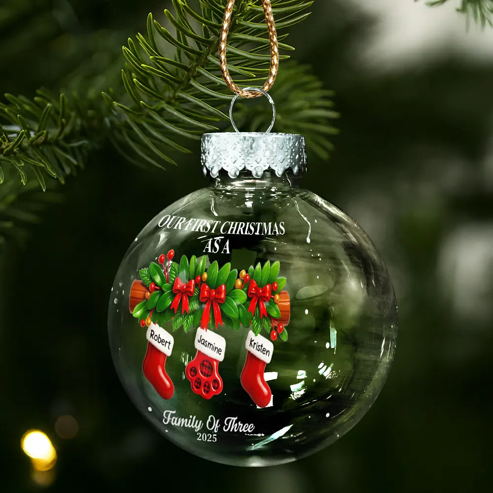 Family,Pet Lovers,Pet Mom,Pet Dad,Pet Couple,Dog Lovers,Dog Couple,Dog Mom,Dog Dad,Cat Lovers,Cat Mom,Cat Dad,Cat Couple,Happy,Christmas - First Christmas Stocking Family - Personalized Ball Ornament