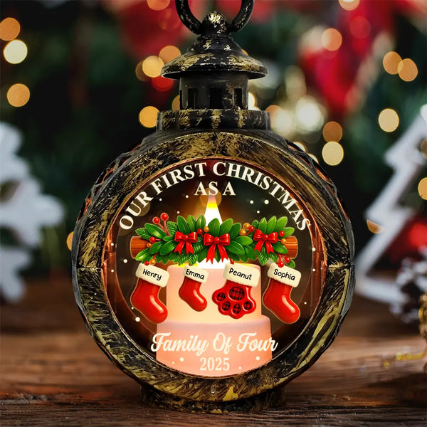 Family,Pet Lovers,Pet Mom,Pet Dad,Pet Couple,Dog Lovers,Dog Couple,Dog Mom,Dog Dad,Cat Lovers,Cat Mom,Cat Dad,Cat Couple,Happy,Christmas - First Christmas Stocking Family - Personalized Candlelight Lantern Ornament
