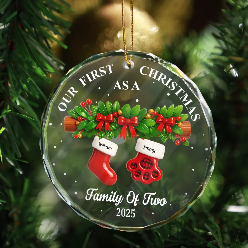 Family,Pet Lovers,Pet Mom,Pet Dad,Pet Couple,Dog Lovers,Dog Couple,Dog Mom,Dog Dad,Cat Lovers,Cat Mom,Cat Dad,Cat Couple,Happy,Christmas - First Christmas Stocking Family - Personalized Circle Glass Ornament