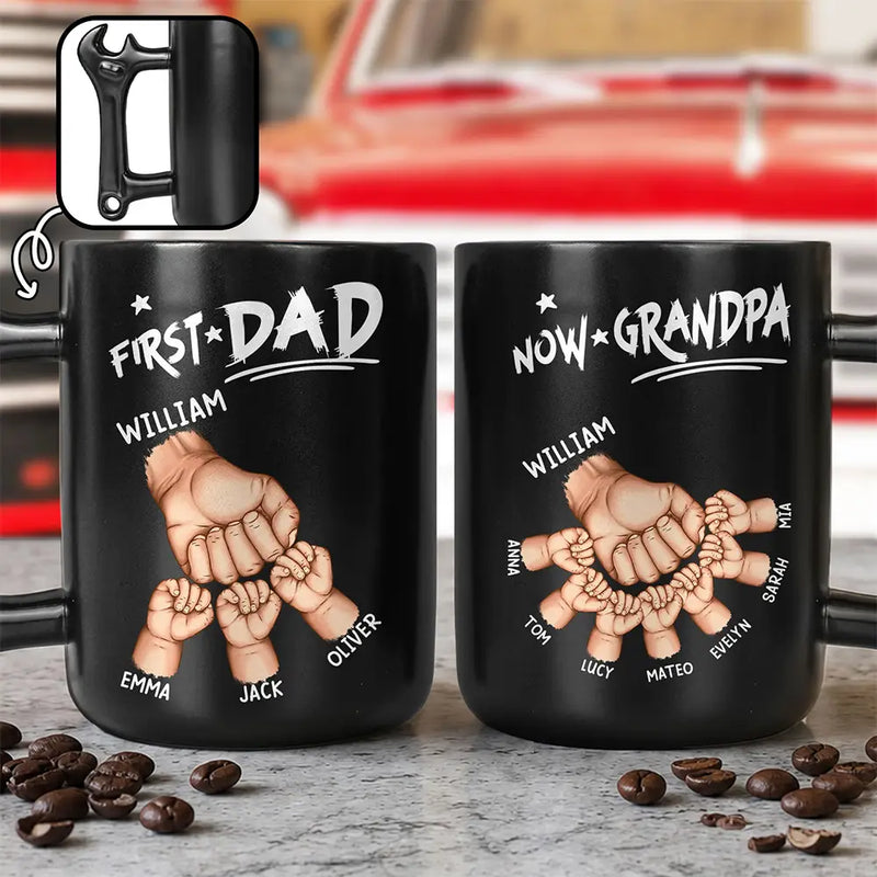 Gift For Father,Gift For Husband,Gift For Couples,Gift For Men,Gift For Grandpa,Non-Eng,Icon,Adorable - First Dad Now Grandpa Fist Bumps With Kids - Personalized Wrench Shaped Handle Mug