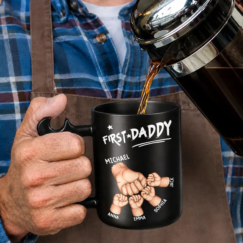Gift For Father,Gift For Husband,Gift For Couples,Gift For Men,Gift For Grandpa,Non-Eng,Icon,Adorable - First Dad Now Grandpa Fist Bumps With Kids - Personalized Wrench Shaped Handle Mug