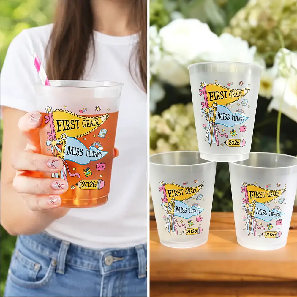Adorable,Teacher,Back To School,Warp Text - First Day Of School Teacher Name Pennant - Personalized Frosted Cups