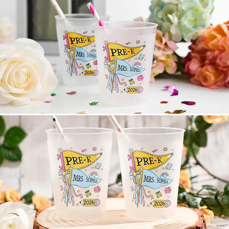 Adorable,Teacher,Back To School,Warp Text - First Day Of School Teacher Name Pennant - Personalized Frosted Cups