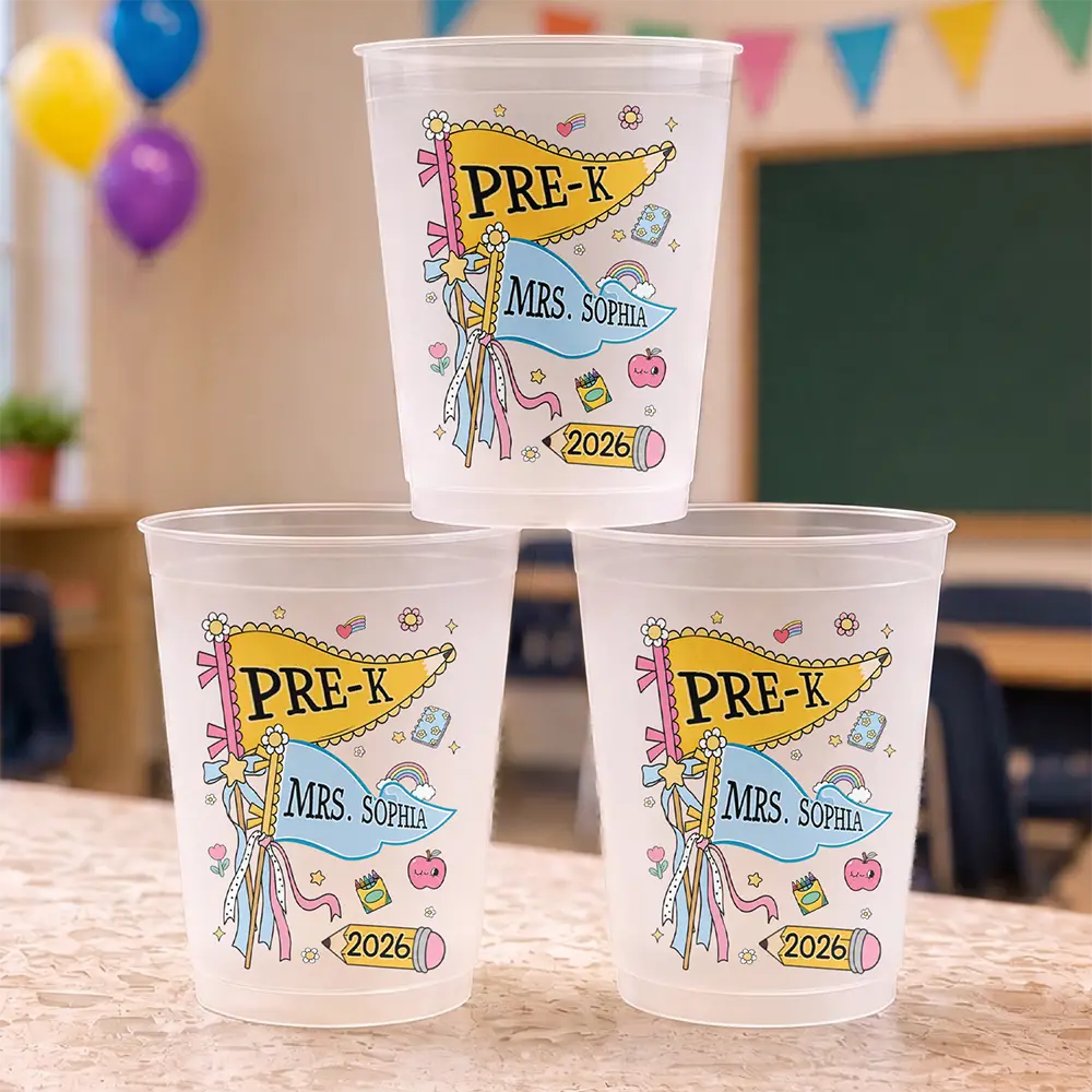 Adorable,Teacher,Back To School,Warp Text - First Day Of School Teacher Name Pennant - Personalized Frosted Cups
