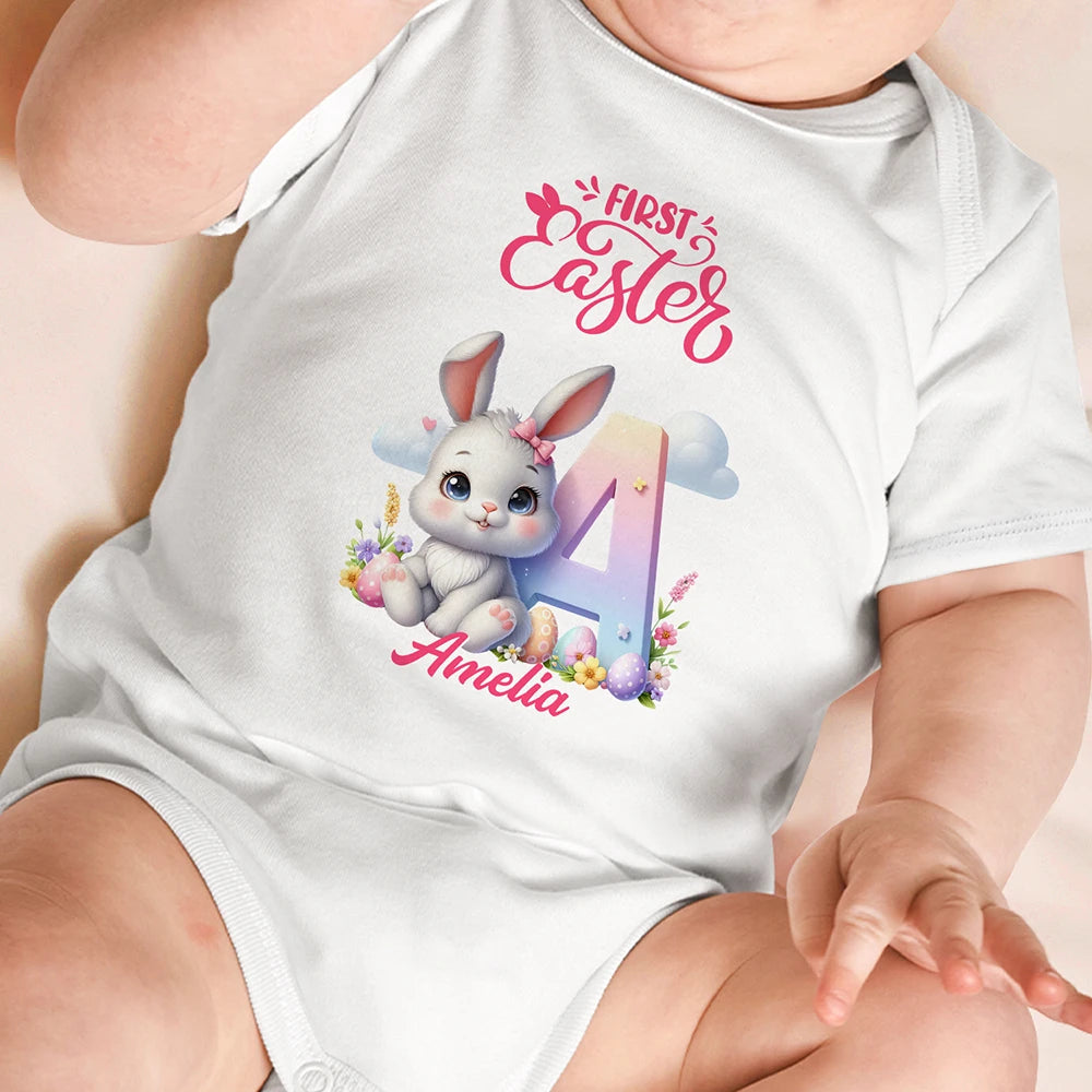 Easter,Gift For Kids,Grandma - Grandkids,Gift For Grandkids,Grandpa - Grandkids,Dad - Children,Mom - Children,Happy - First Easter Bunny With Alphabet Letters - Personalized Baby Onesie