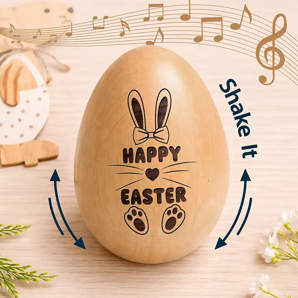 Gift For Kids,Grandma - Grandkids,Gift For Grandkids,Dad - Children,Mom - Children,Easter,Happy - First Easter Cute Bunny With Name - Personalized Musical Wooden Easter Egg Shaker