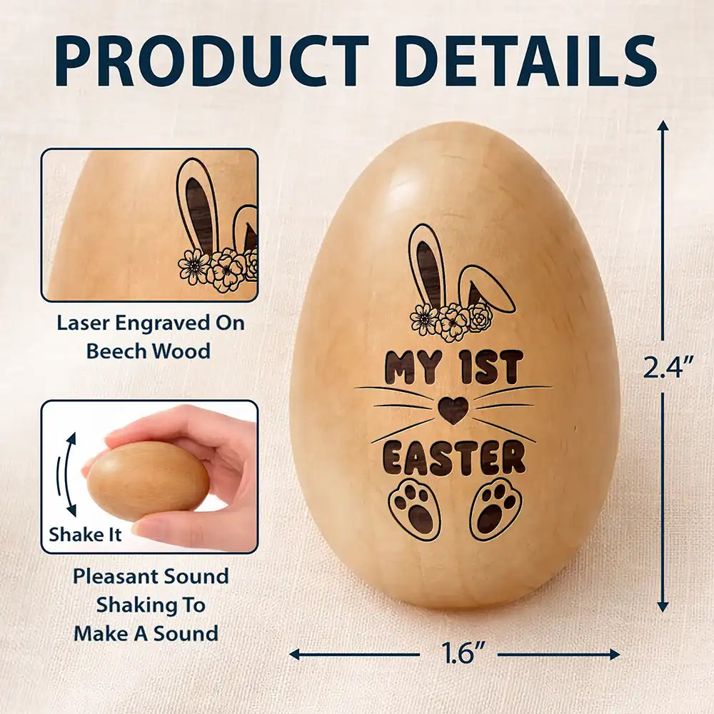 Gift For Kids,Grandma - Grandkids,Gift For Grandkids,Dad - Children,Mom - Children,Easter,Happy - First Easter Cute Bunny With Name - Personalized Musical Wooden Easter Egg Shaker