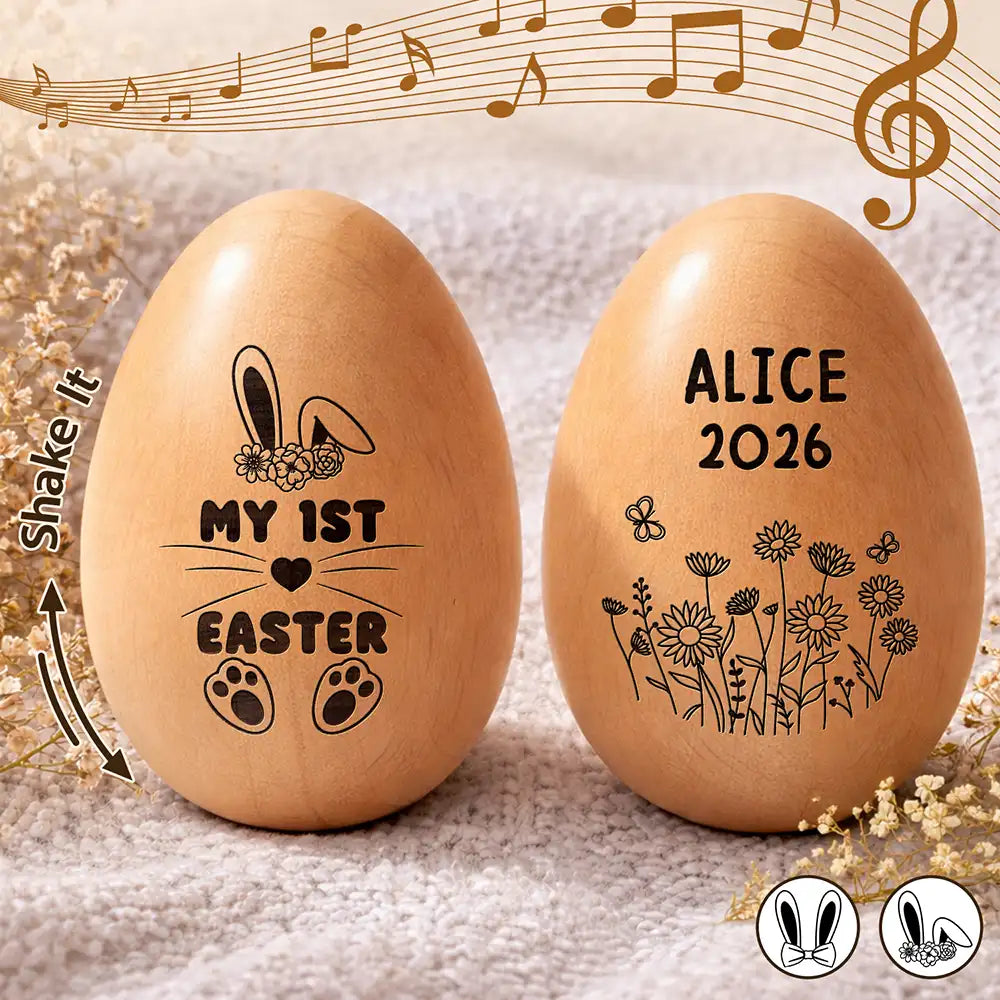 First Easter Cute Bunny With Name - Personalized Musical Wooden Easter Egg Shaker