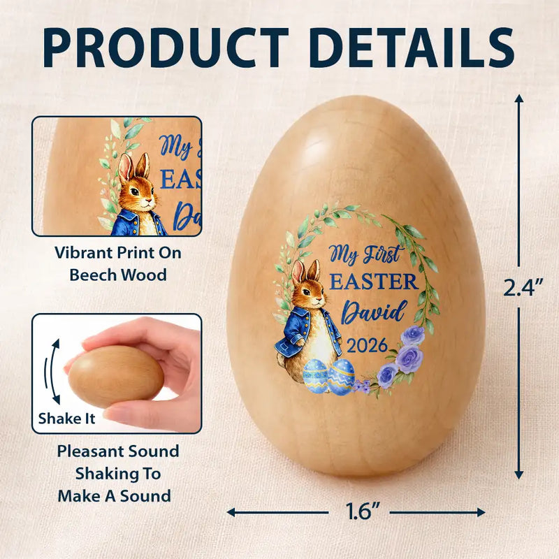 Easter,Non-Eng,Gift For Kids,Gift For Grandkids,Grandma - Grandkids,Grandpa - Grandkids,Dad - Children,Mom - Children,Happy - First Easter With Adorable Bunny - Personalized Musical Wooden Easter Egg Shaker