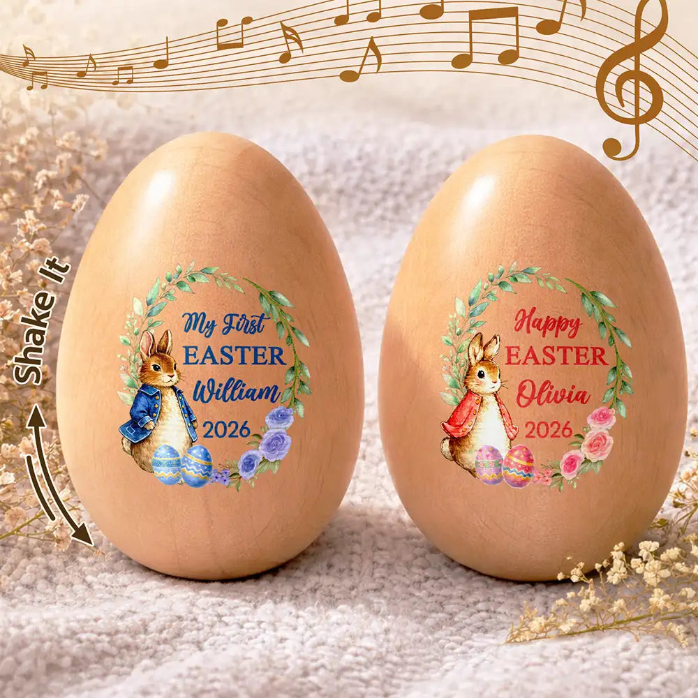 First Easter With Adorable Bunny - Personalized Musical Wooden Easter Egg Shaker