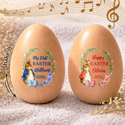 First Easter With Adorable Bunny - Personalized Musical Wooden Easter Egg Shaker