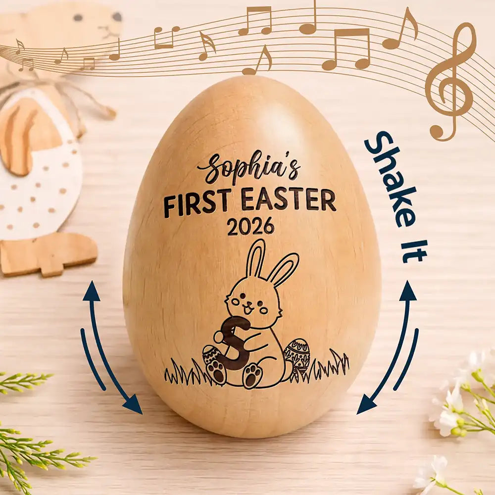 Gift For Kids,Grandma,Grandkids,Gift For Grandkids,Mom,Children,Happy,Easter - First Easter With Alphabet - Personalized Musical Wooden Easter Egg Shaker