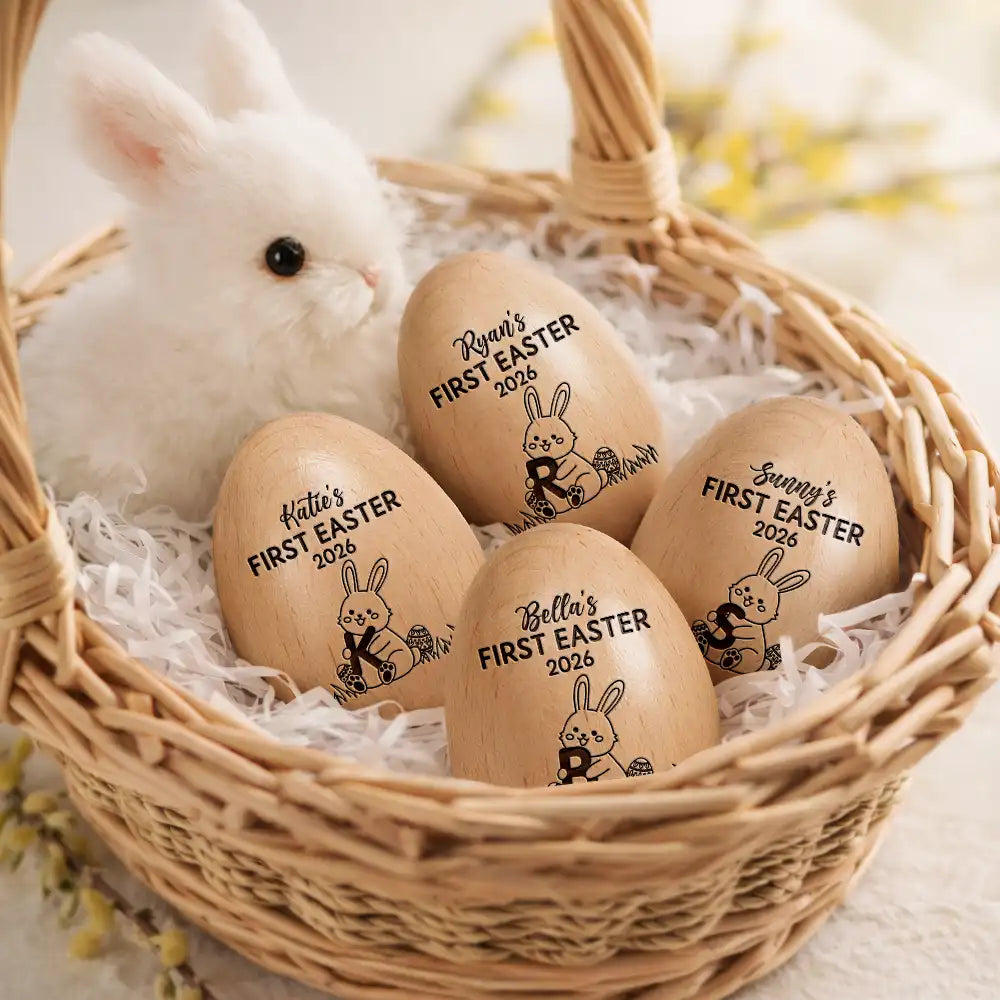 Gift For Kids,Grandma,Grandkids,Gift For Grandkids,Mom,Children,Happy,Easter - First Easter With Alphabet - Personalized Musical Wooden Easter Egg Shaker