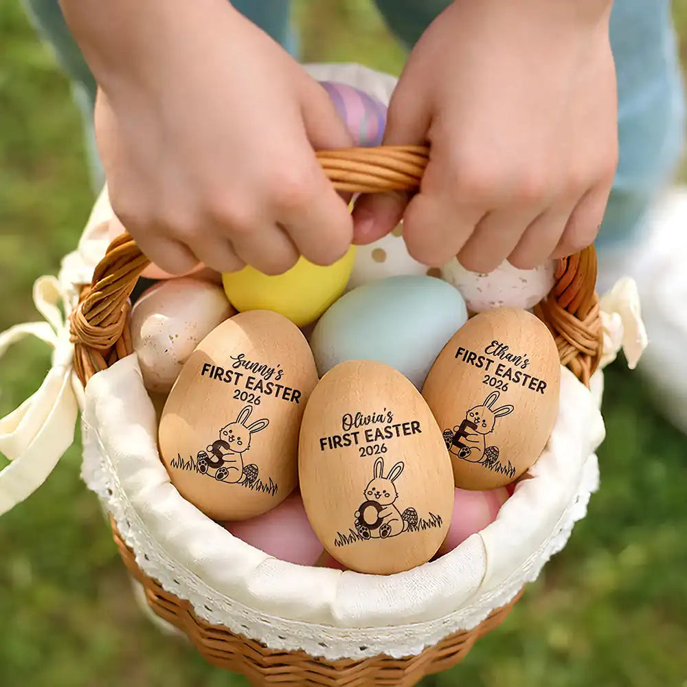 Gift For Kids,Grandma,Grandkids,Gift For Grandkids,Mom,Children,Happy,Easter - First Easter With Alphabet - Personalized Musical Wooden Easter Egg Shaker