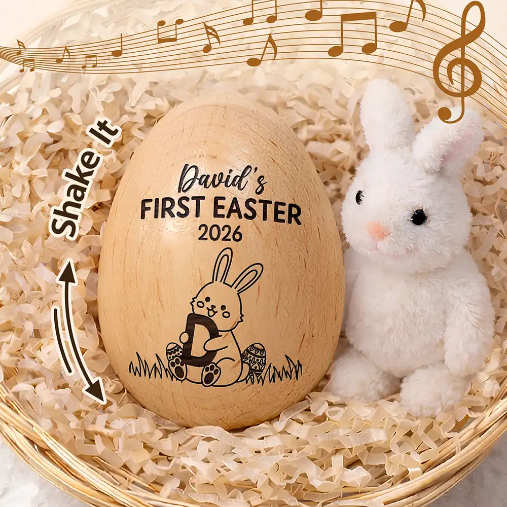 Gift For Kids,Grandma,Grandkids,Gift For Grandkids,Mom,Children,Happy,Easter - First Easter With Alphabet - Personalized Musical Wooden Easter Egg Shaker
