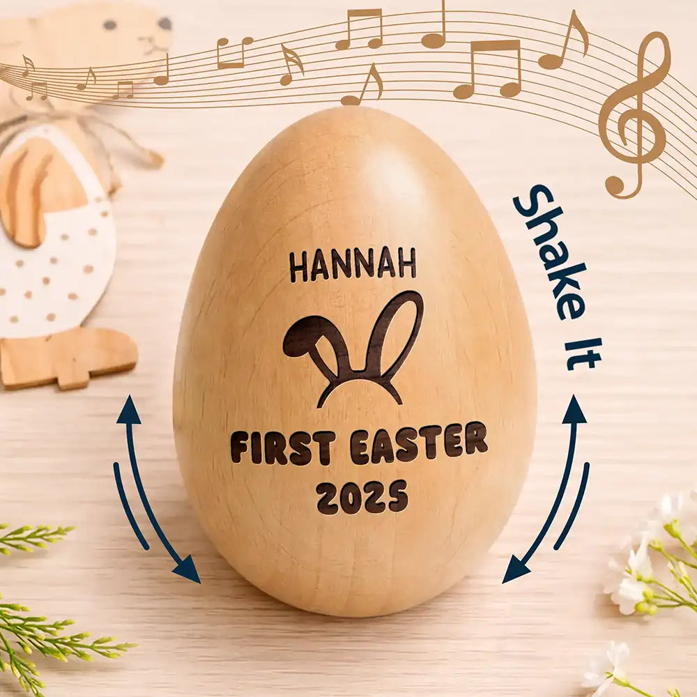 Gift For Kids,Gift For Grandkids,Non-Eng - First Easter With Custom Name - Personalized Musical Wooden Easter Egg Shaker