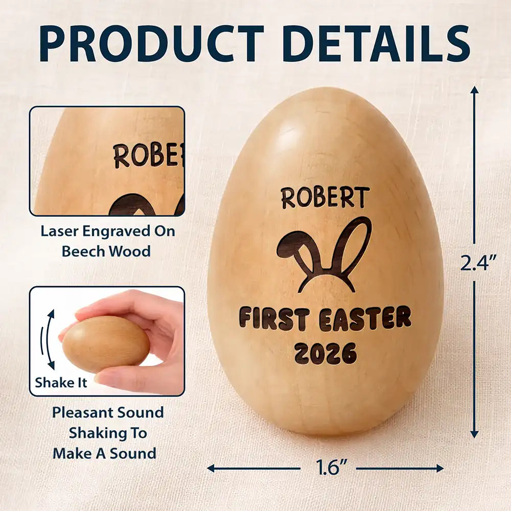 Gift For Kids,Gift For Grandkids,Non-Eng - First Easter With Custom Name - Personalized Musical Wooden Easter Egg Shaker