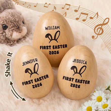 First Easter With Custom Name - Personalized Musical Wooden Easter Egg Shaker