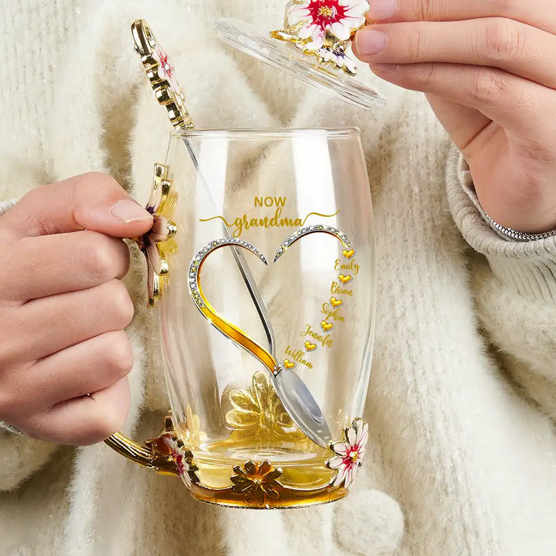Gift For Grandma, Grandma - Grandkids, Gift For Mother, Happy - First Mom Now Grandma - Personalized Glass Flower Tea Cup