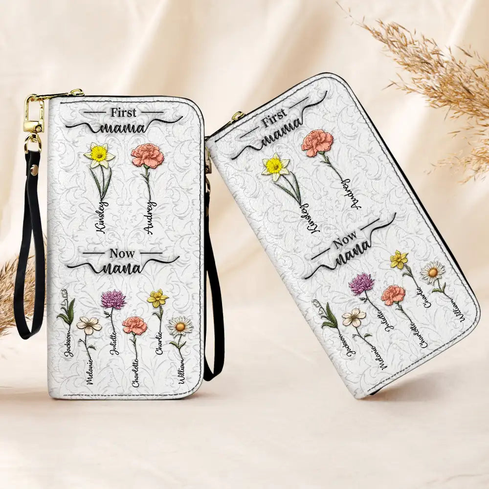 Gift For Mother,Gift For Grandma,Love,Happy - First Mom Now Grandma 3D Effect Birth Flowers - Personalized Leather Long Wallet