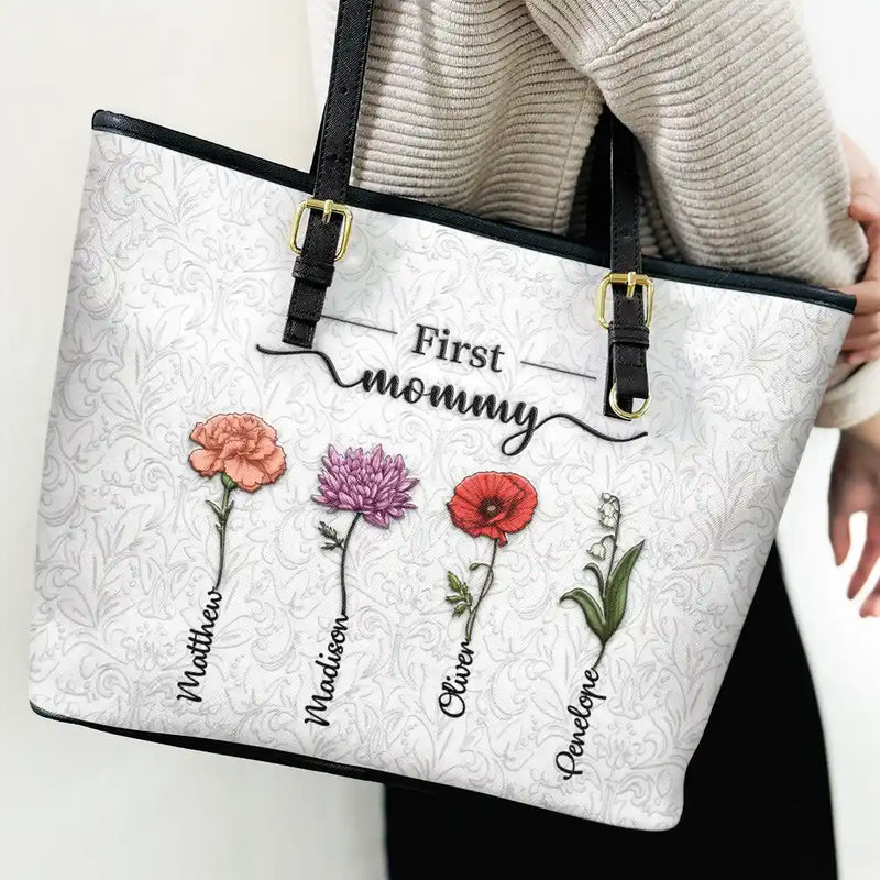 Gift For Mother, Gift For Grandma, Love, Happy - First Mom Now Grandma 3D Effect Birth Flowers - Personalized Leather Tote Bag