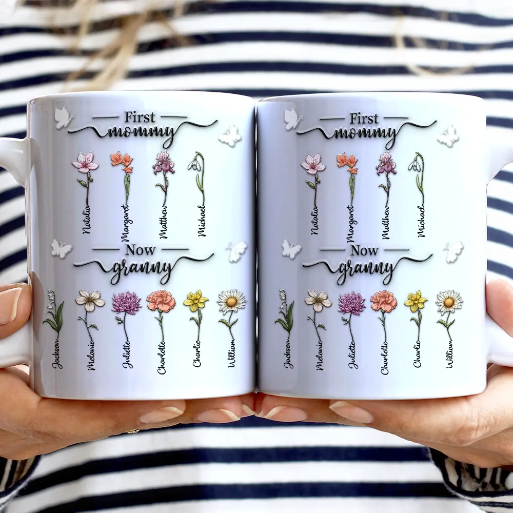 Gift For Mother, Gift For Grandma, Love, Happy - First Mom Now Grandma 3D Effect Birth Flowers - Personalized White Edge-to-Edge Mug