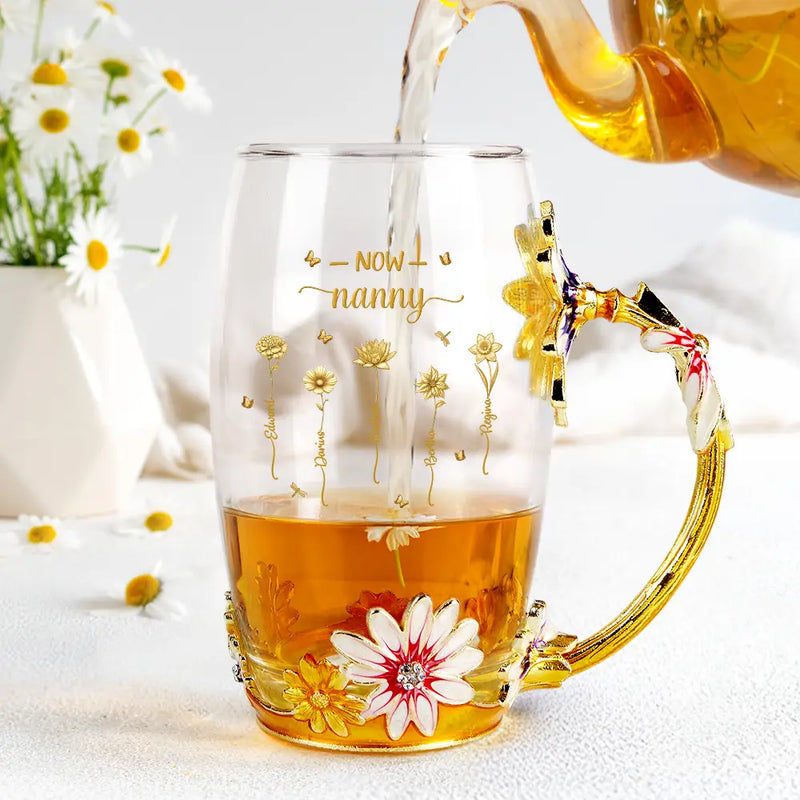 Gift For Mother,Gift For Grandma,Love - First Mom Now Grandma Birth Flowers - Personalized Glass Flower Tea Cup