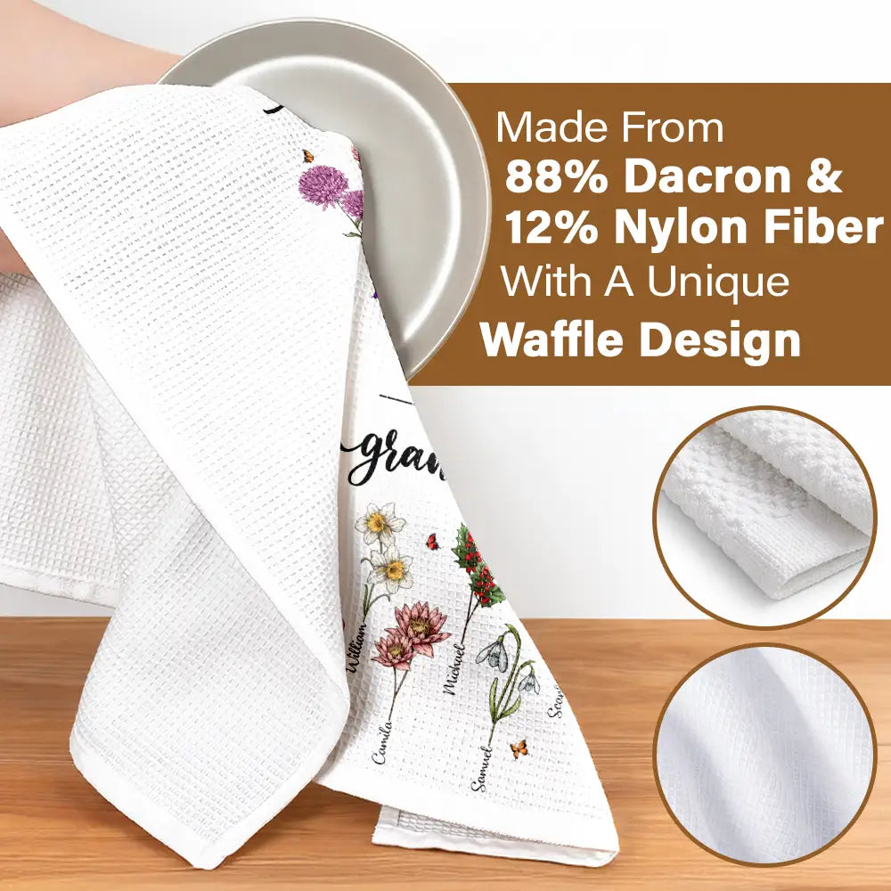 Gift For Mother,Gift For Grandma,Gift For Wife,Happy - First Mom Now Grandma Birth Flowers - Personalized Kitchen Towel