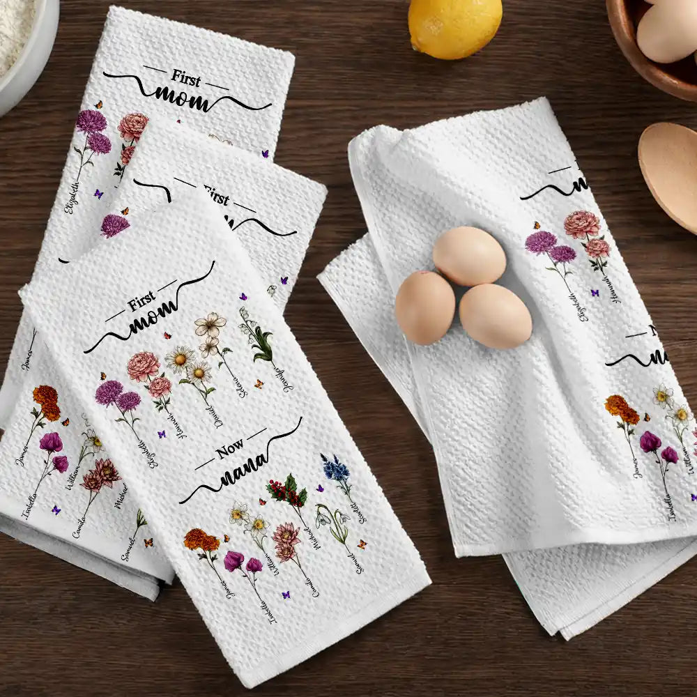 Gift For Mother,Gift For Grandma,Gift For Wife,Happy - First Mom Now Grandma Birth Flowers - Personalized Kitchen Towel
