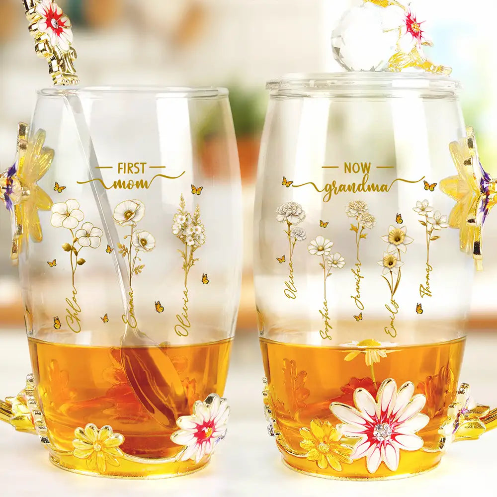 Gift For Grandma,Grandma - Grandkids,Happy - First Mom Now Grandma Birth Month Flower - Personalized Glass Flower Tea Cup