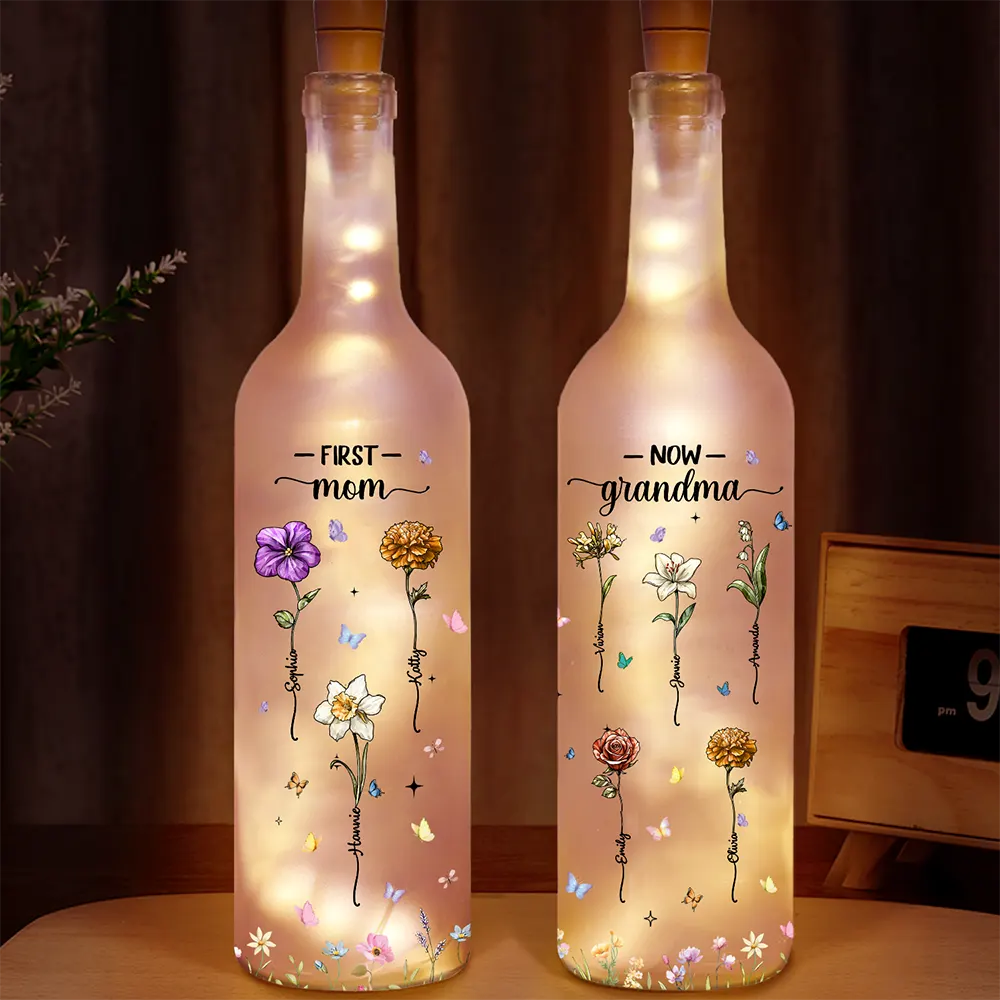 First Mom Now Grandma Glass Effect Birth Flower - Personalized Bottle Light