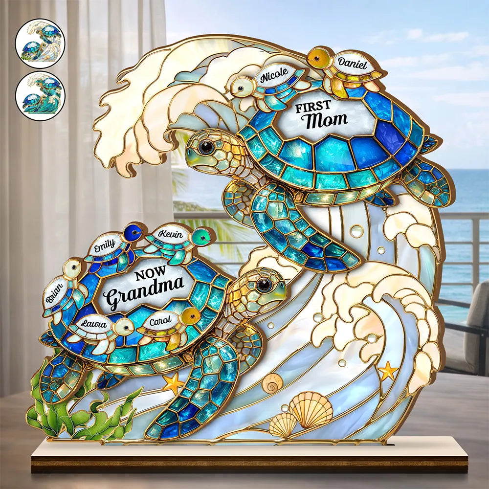 First Mom Now Grandma Stained Glass Turtle - Personalized Custom Shaped Wooden Plaque