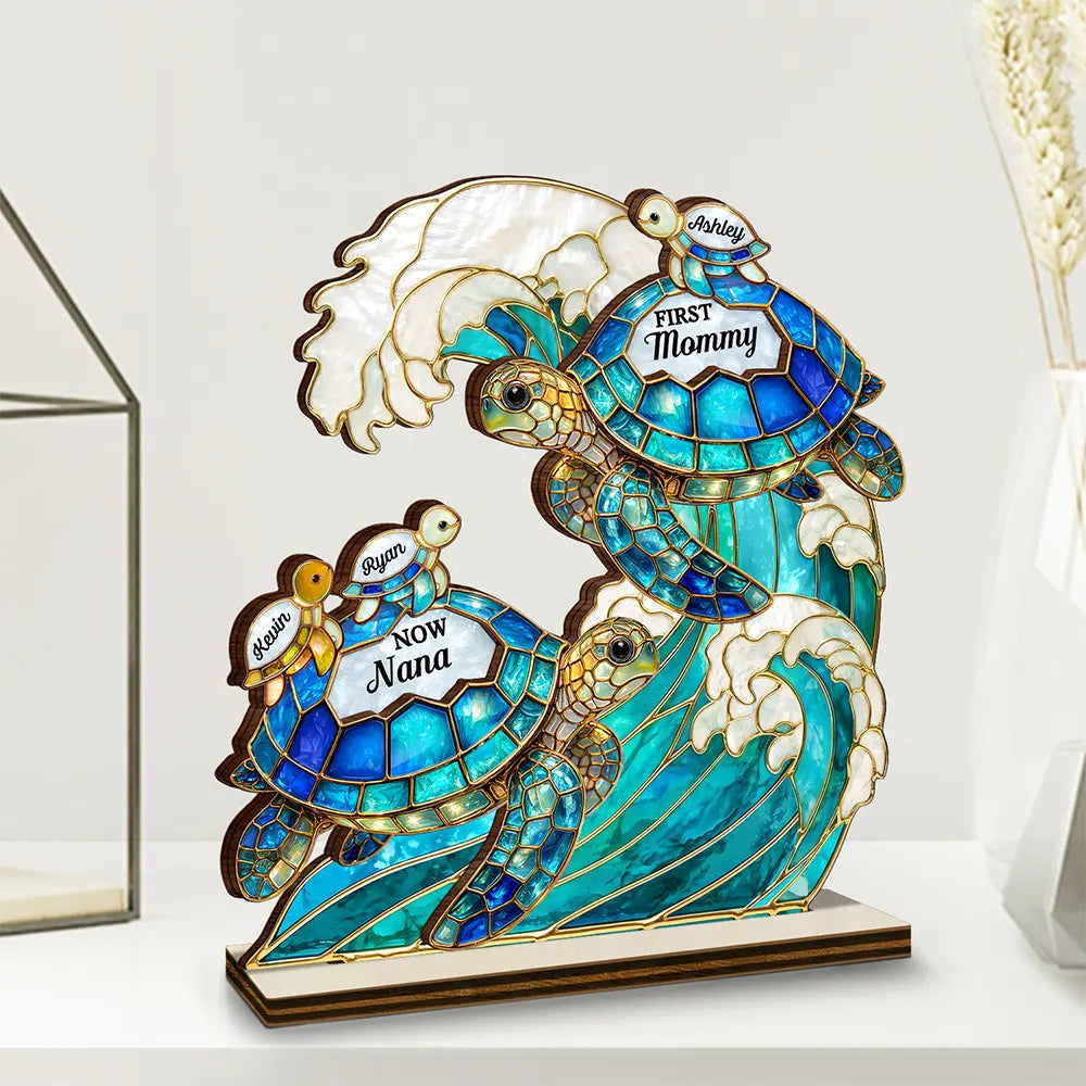 Summer, Gift For Grandma, Grandma - Grandkids, Beach, Happy - First Mom Now Grandma Stained Glass Turtle - Personalized Custom Shaped Wooden Plaque