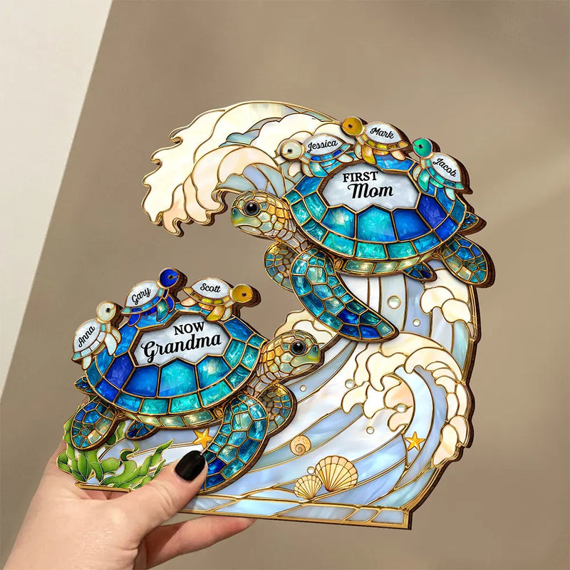 Summer, Gift For Grandma, Grandma - Grandkids, Beach, Happy - First Mom Now Grandma Stained Glass Turtle - Personalized Custom Shaped Wooden Plaque
