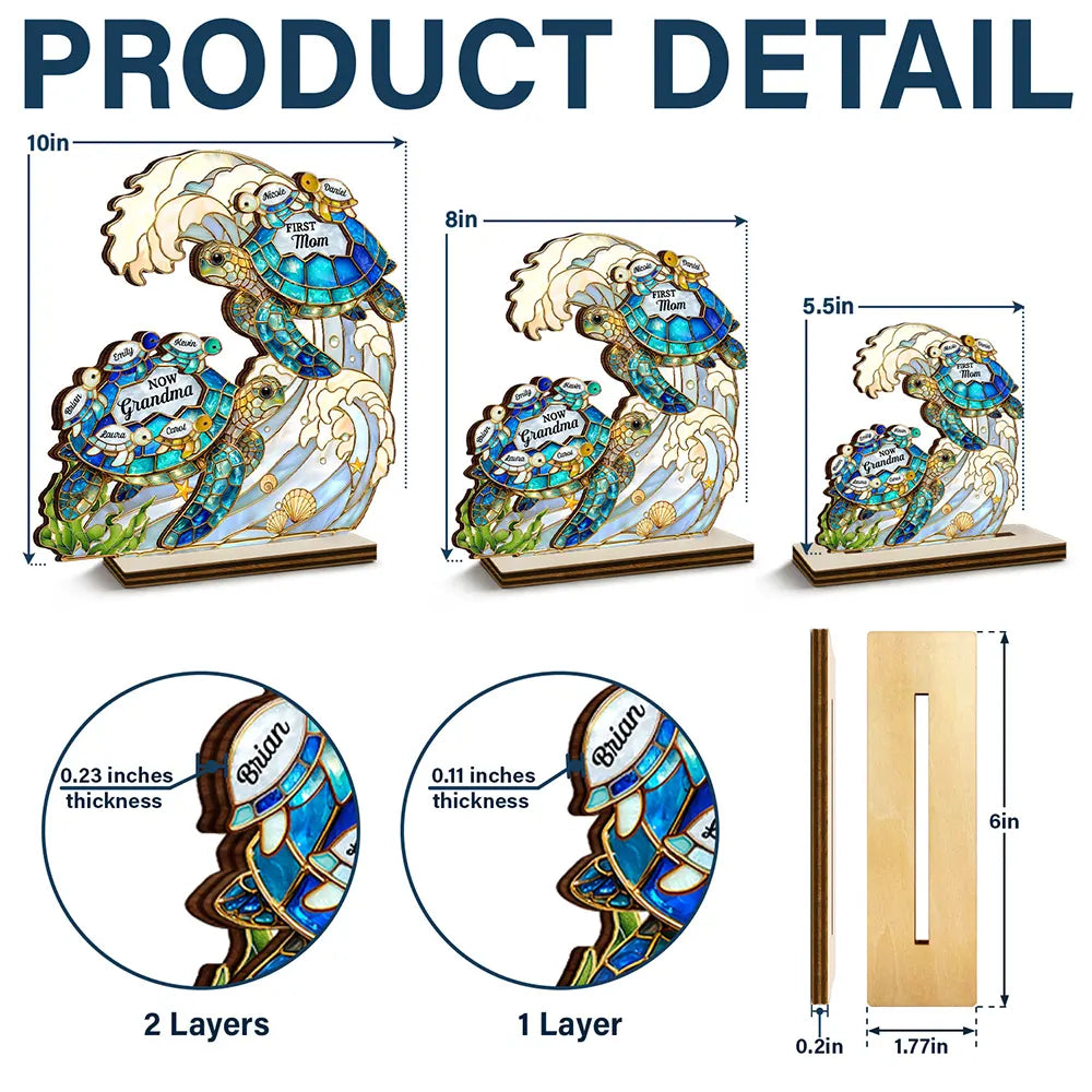 Summer, Gift For Grandma, Grandma - Grandkids, Beach, Happy - First Mom Now Grandma Stained Glass Turtle - Personalized Custom Shaped Wooden Plaque