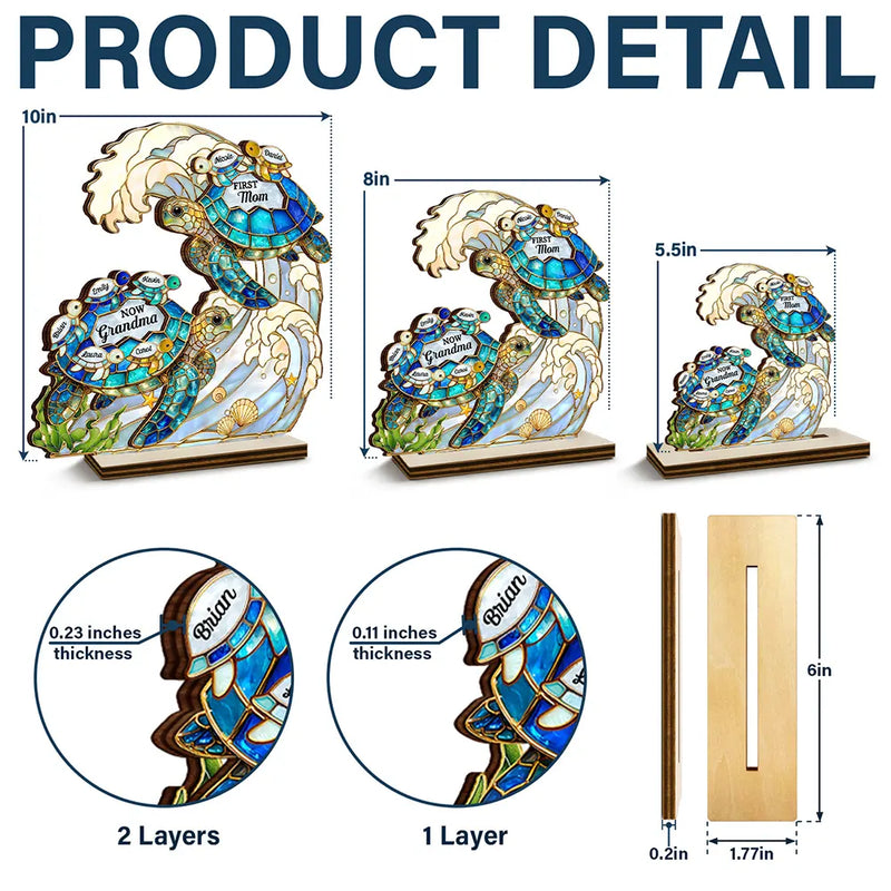 Summer, Gift For Grandma, Grandma - Grandkids, Beach, Happy - First Mom Now Grandma Stained Glass Turtle - Personalized Custom Shaped Wooden Plaque