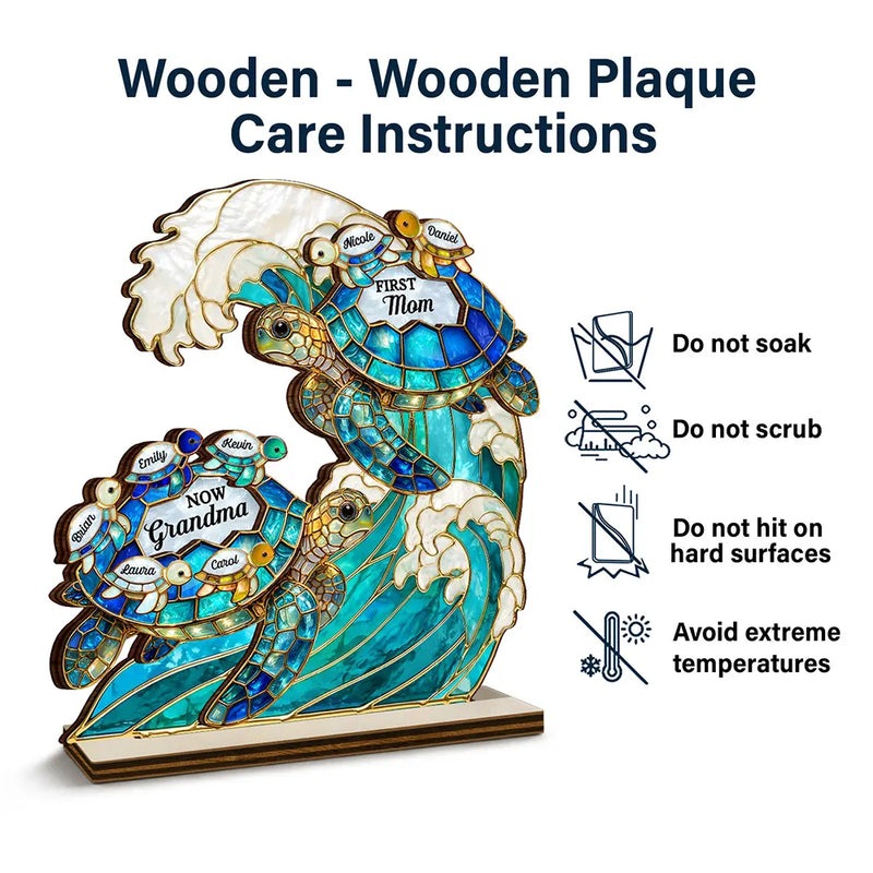 Summer, Gift For Grandma, Grandma - Grandkids, Beach, Happy - First Mom Now Grandma Stained Glass Turtle - Personalized Custom Shaped Wooden Plaque