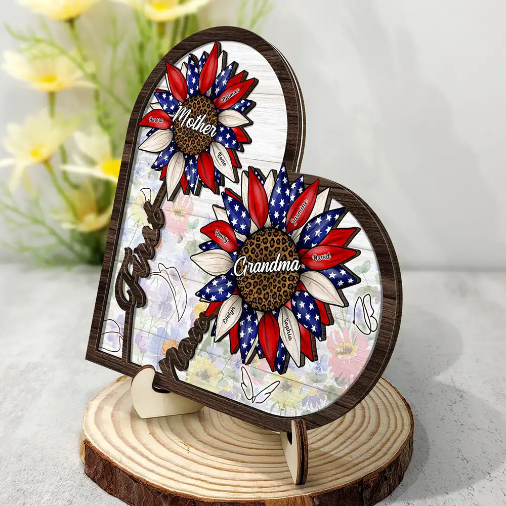 Gift For Mother,Gift For Grandma,Independence Day,Love - First Mom Now Grandma Sunflower America - Personalized 2-Layered Wooden Plaque With Stand
