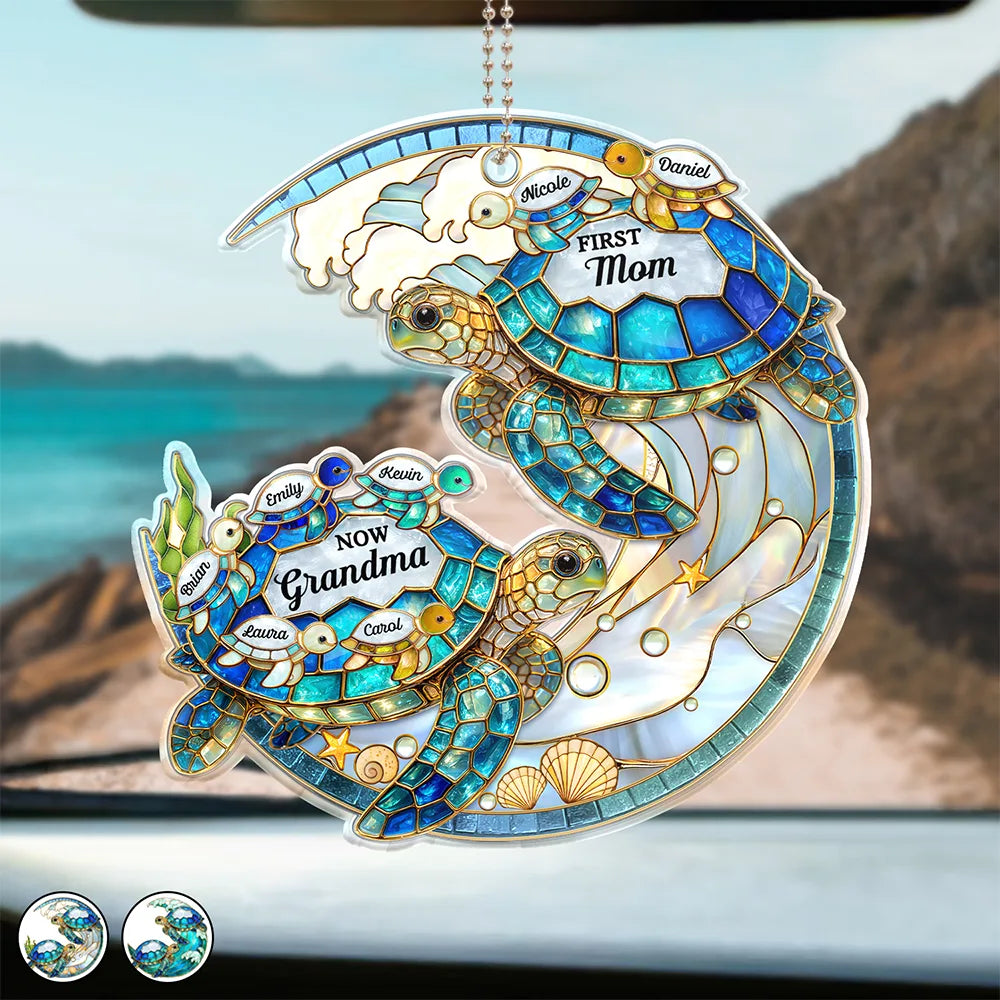 Gift For Grandma,Grandma - Grandkids,Gift For Mother,Beach,Happy,Non-Eng,Icon,Grateful - First Mom Now Grandma Turtle - Personalized Acrylic Car Hanger