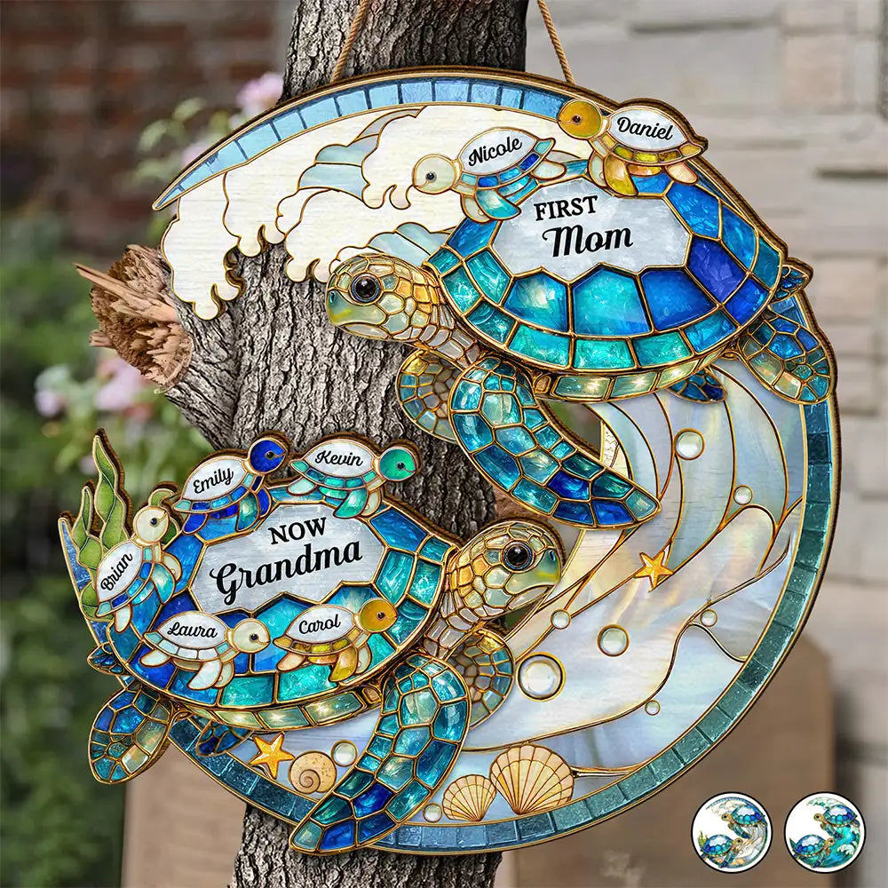 Gift For Grandma,Grandma - Grandkids,Gift For Mother,Beach,Happy,Non-Eng,Icon,Grateful - First Mom Now Grandma Turtle - Personalized Custom Shaped Wood Sign