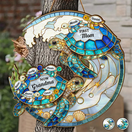 First Mom Now Grandma Turtle - Personalized Custom Shaped Wood Sign
