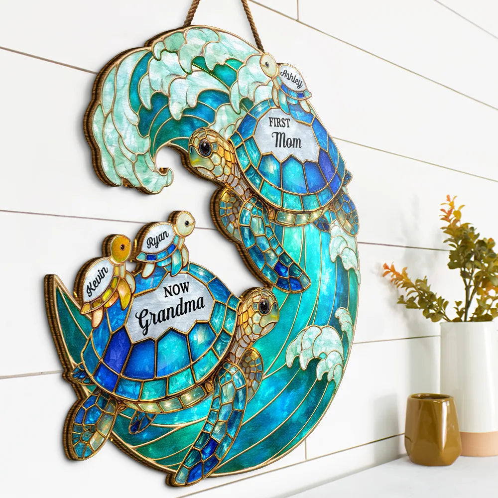 Gift For Grandma,Grandma - Grandkids,Gift For Mother,Beach,Happy,Non-Eng,Icon,Grateful - First Mom Now Grandma Turtle - Personalized Custom Shaped Wood Sign